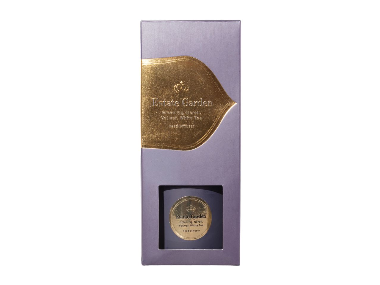 Reed diffuser in purple packaging with gold details