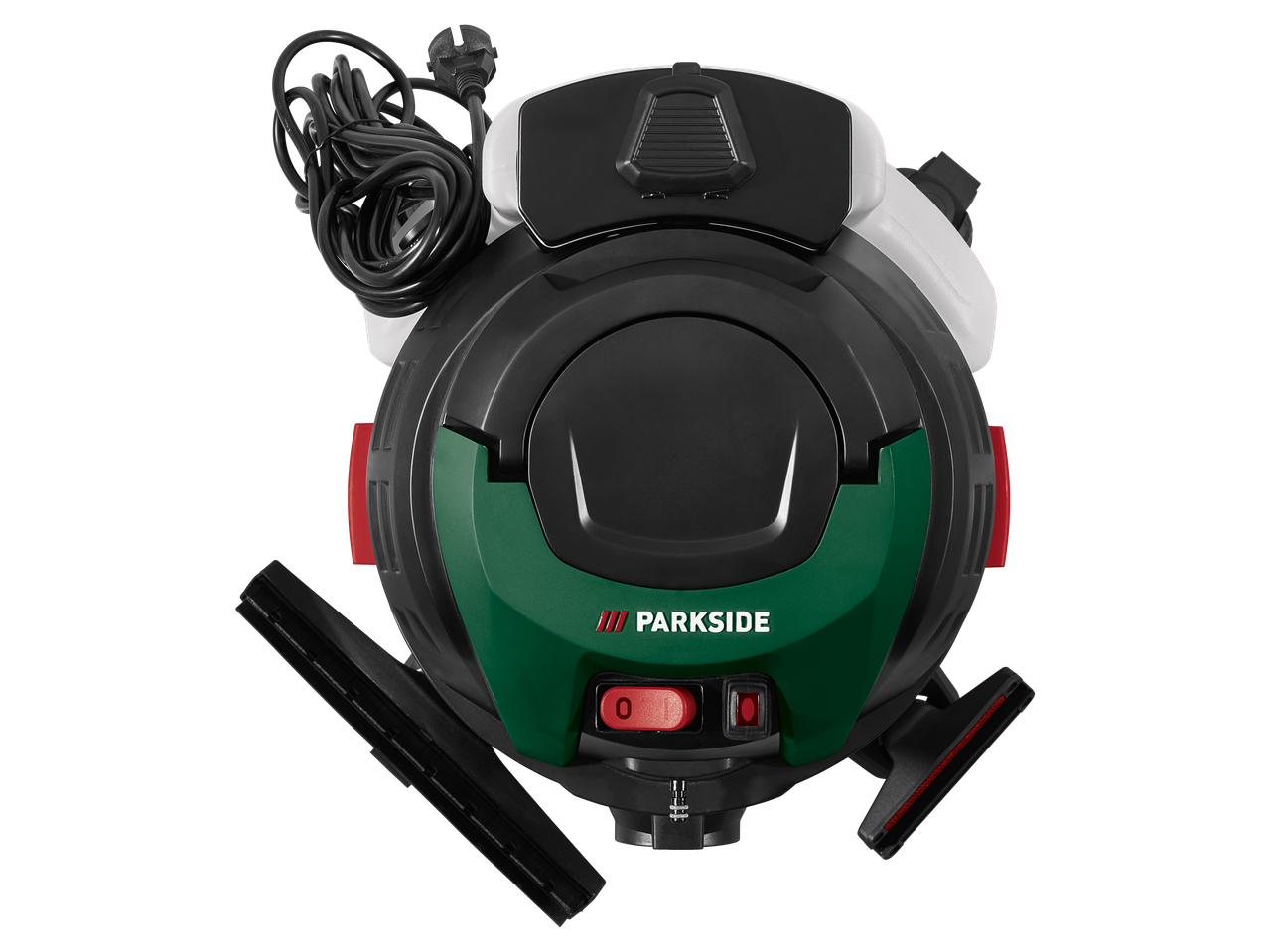 Parkside® 1600W Carpet Cleaner, top-down view, with power cord and accessories.