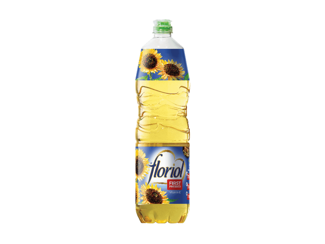 Pudeles ar saulespuķu eļļu, uz etiķetes rakstīts 