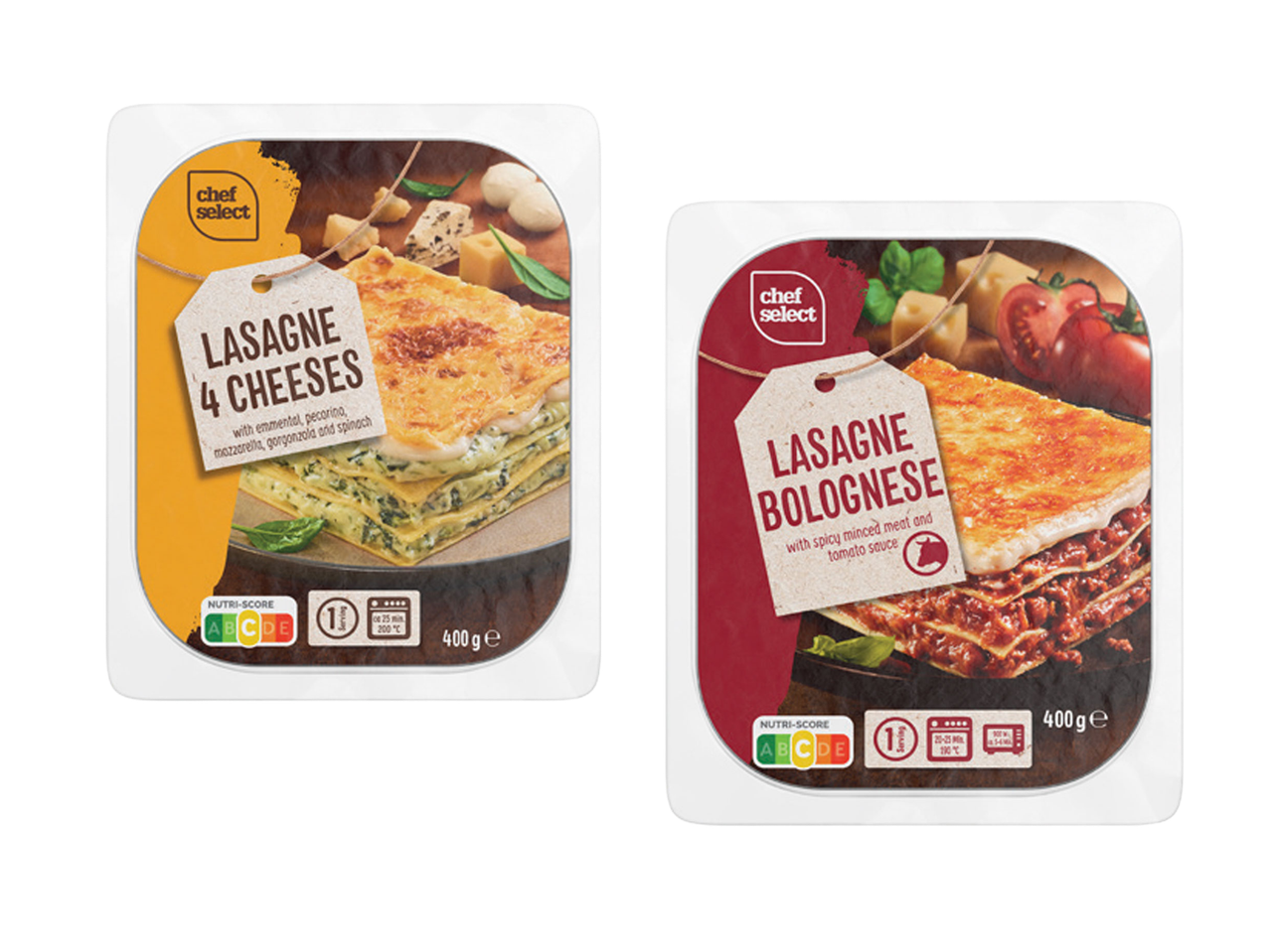 Dve kutije lazanje, jedna sa četiri vrste sira i spanaćem, druga bolonjeze.