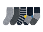 Fünf Paar Socken in Grau, Dunkelgrau, gestreift, Dunkelblau und Grau-Dunkelgrau.