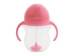 Pink baby sippy cup with handles and a straw, featuring a heart-shaped weight.