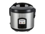 Stainless steel rice cooker with black lid and control panel