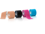 Sensiplast Kinesiology Tape in beige, black, pink, and blue, with reflections.