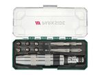 Impact driver set with various bits and a socket adapter in a clear and green case.
