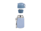 Blauer Thermobehälter mit Löffel, Deckel und Trinkbecher.