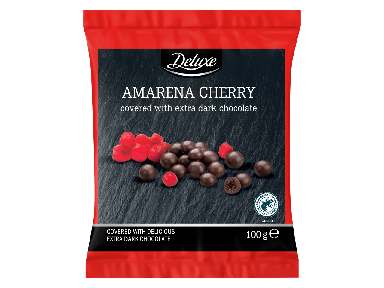 Deluxe Amarena ķirši ar īpaši tumšo šokolādi, 100g.