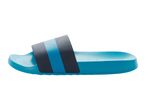 Blue and dark grey striped slide sandal with a textured footbed.