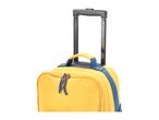 Yellow suitcase with blue accents and an extended handle