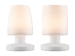 Zwei weiße Tischlampen, eine mit konischem, die andere mit rechteckigem Schirm.