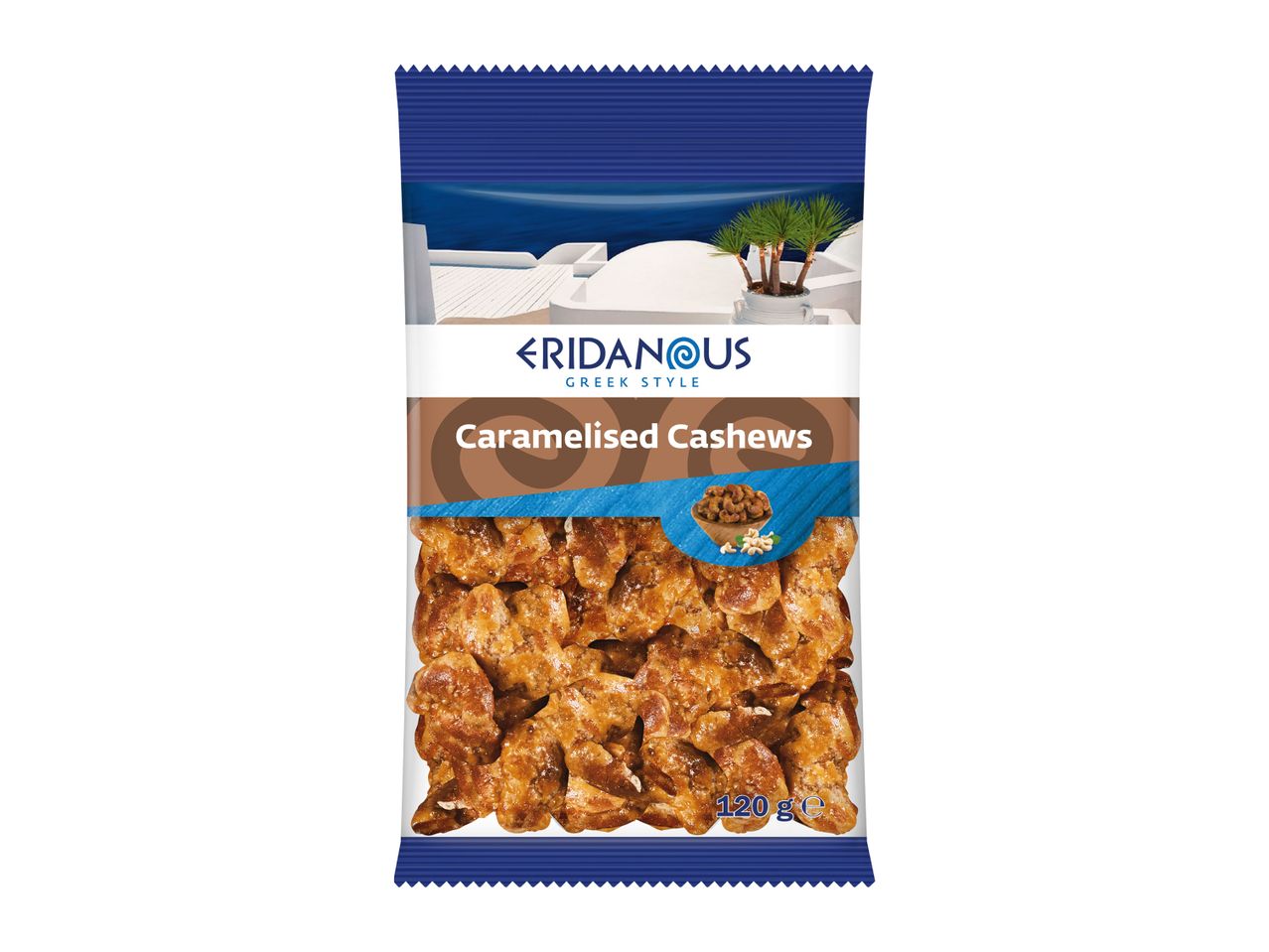 Eridanus Greek Style caramelised cashews in a 120g pouch.