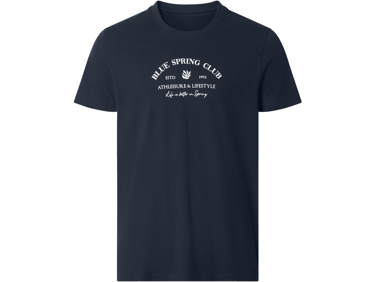 Tumesinine meeste T-särk tekstiga 'BLUE SPRING CLUB' ja lehelogoga.