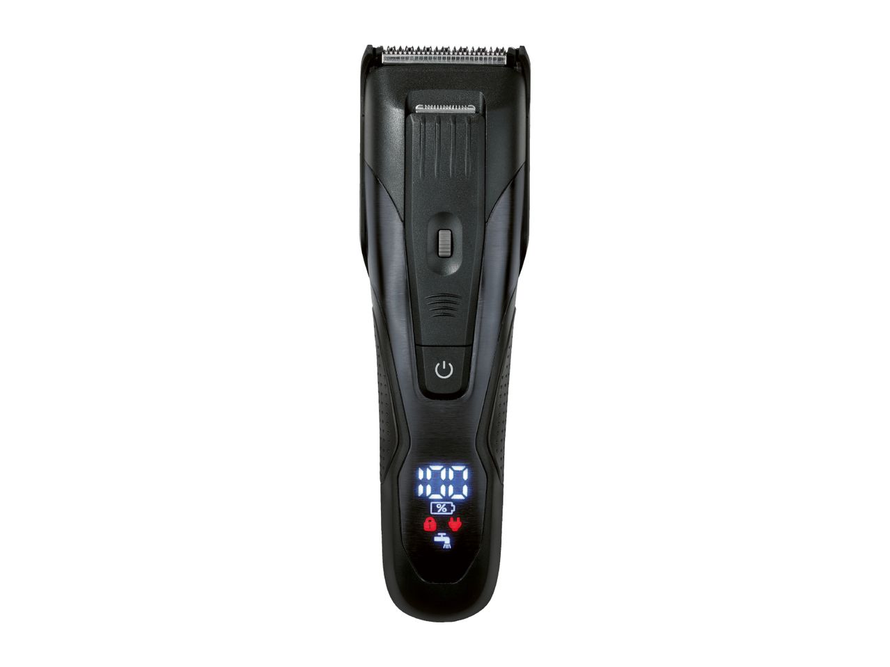 Black hair clipper with a digital display showing 100% battery and various icons.