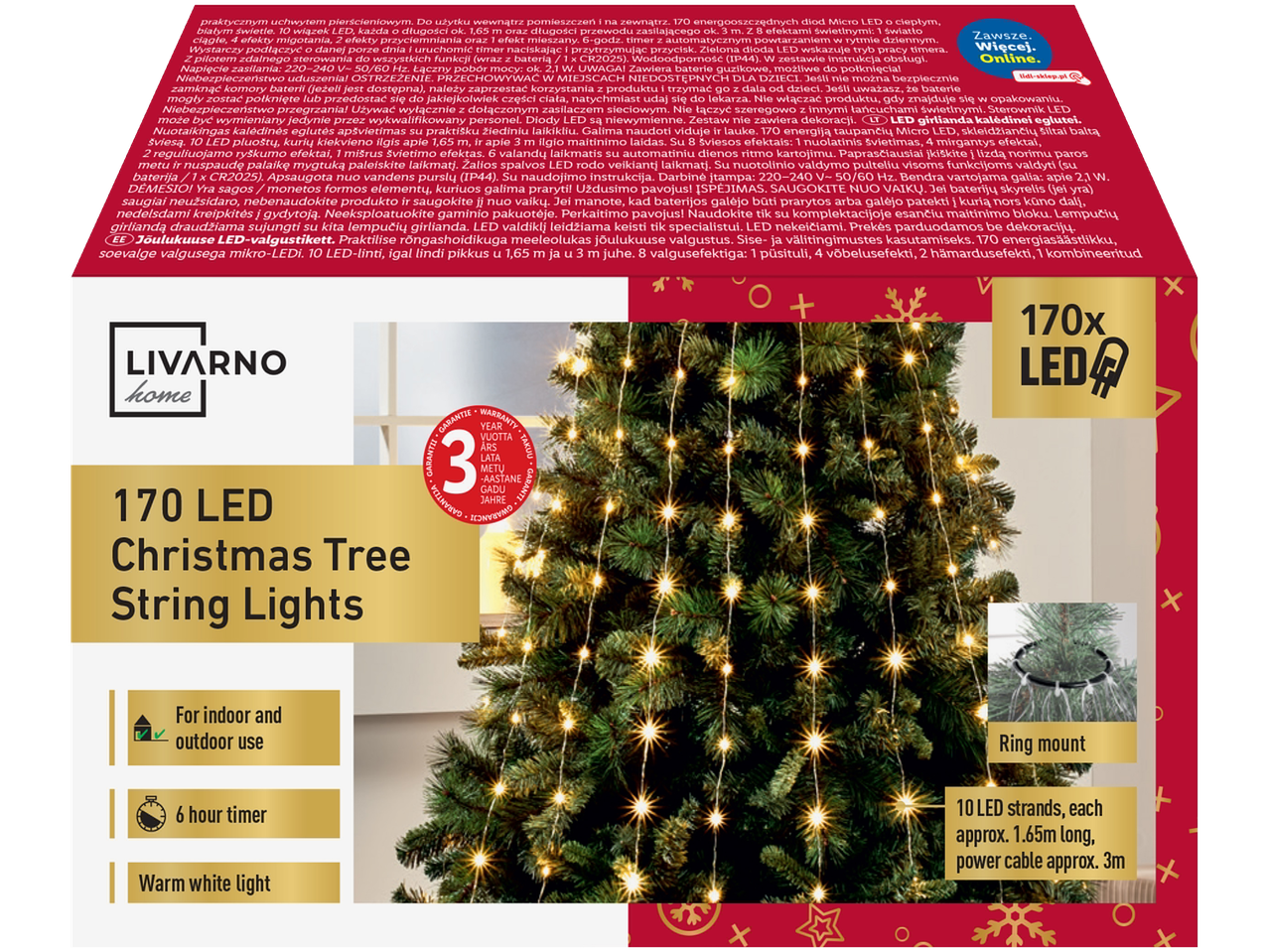Livarno Home LED kalėdinės eglutės girlianda su 170 LED, laikmačiu ir pulteliu.