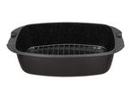 Black speckled roasting pan with a metal rack inside
