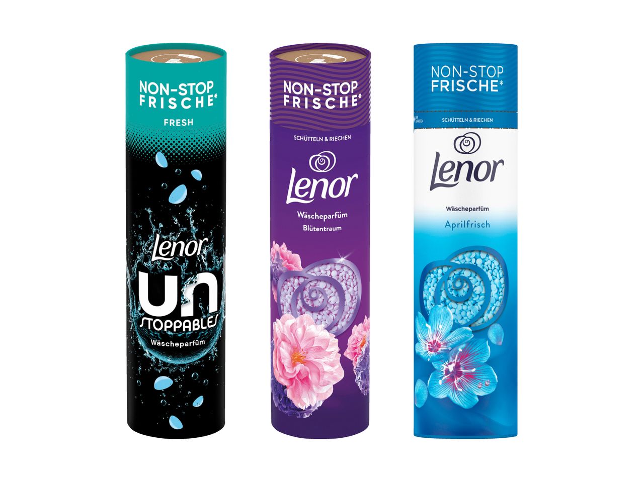 Drei Lenor Non-Stop Frische Wäscheparfüms.