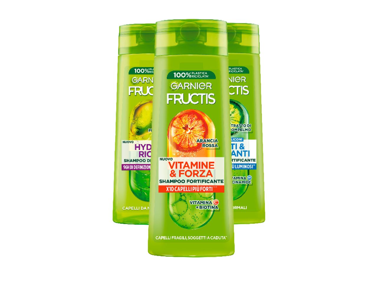 Tre shampoo Garnier Fructis: idratante, fortificante e anti-opacità.