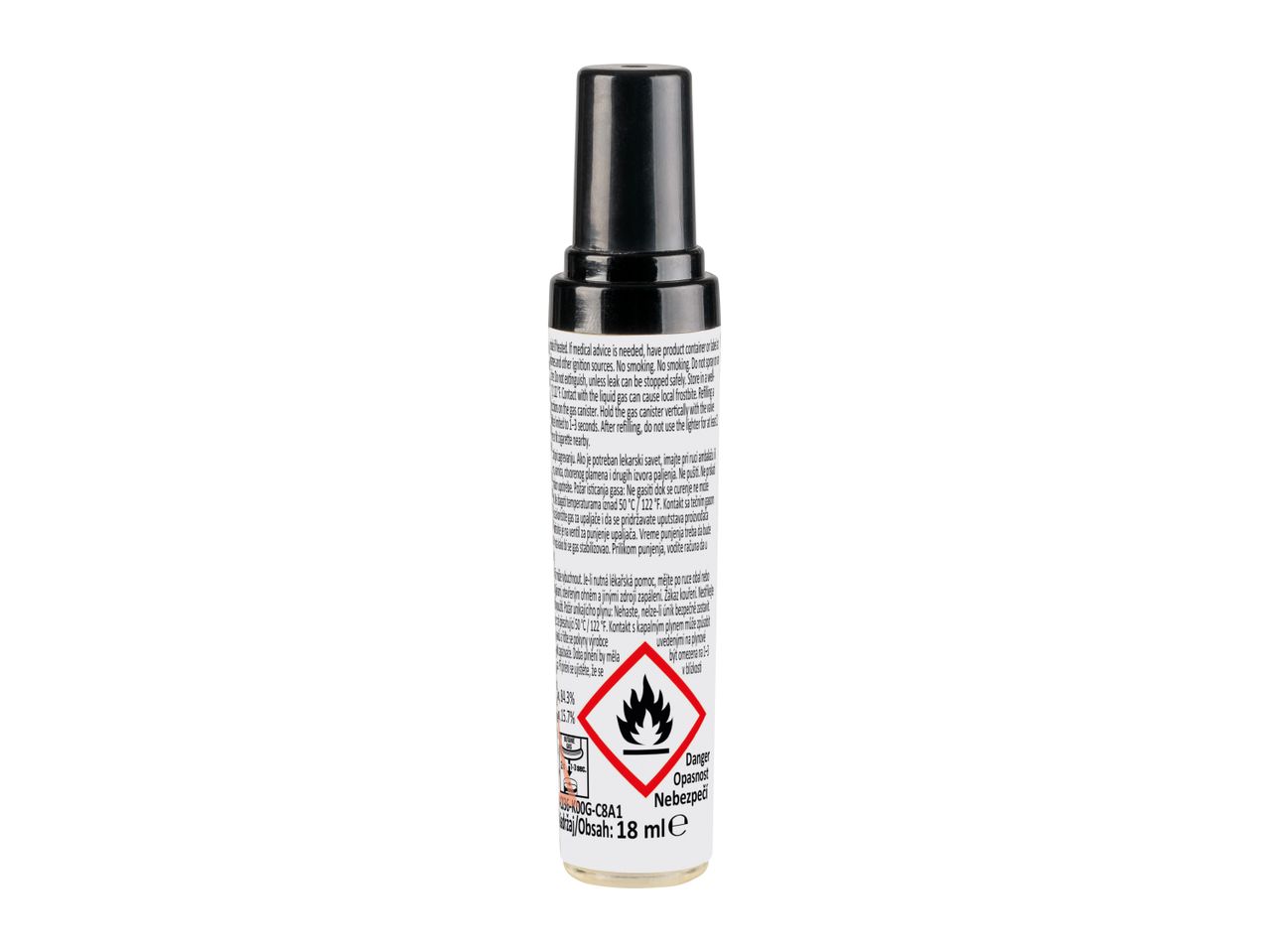 A black gas lighter refill with warning labels and text in multiple languages.