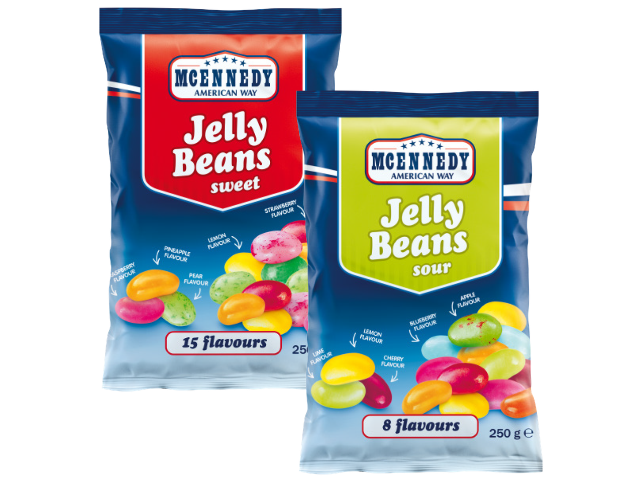 Two bags of McEnnedy Jelly Beans, one sweet with 15 flavors and one sour with 8 flavors.