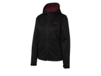 Zwarte softshell jas met capuchon voor dames.