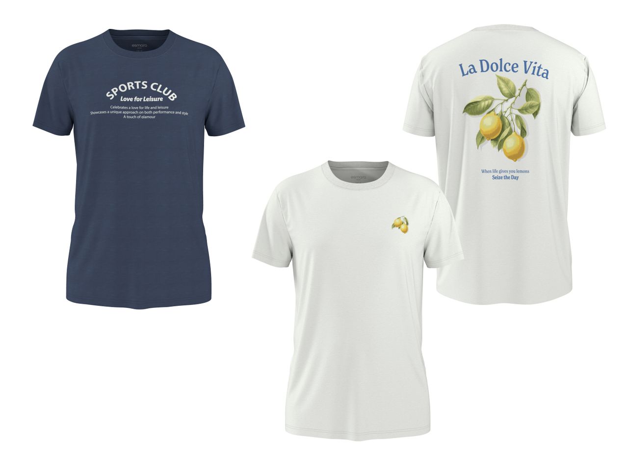 Drei T-Shirts: ein dunkelblaues mit der Aufschrift „SPORTS CLUB Love for Leisure“ und zwei weiße mit Zitronenmotiven und der Aufschrift „La Dolce Vita“.