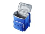 Blue cooler backpack with an open lid, showing the insulated silver interior