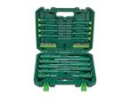 A green screwdriver set with various sizes and types of screwdrivers and bits, including Phillips and flathead.