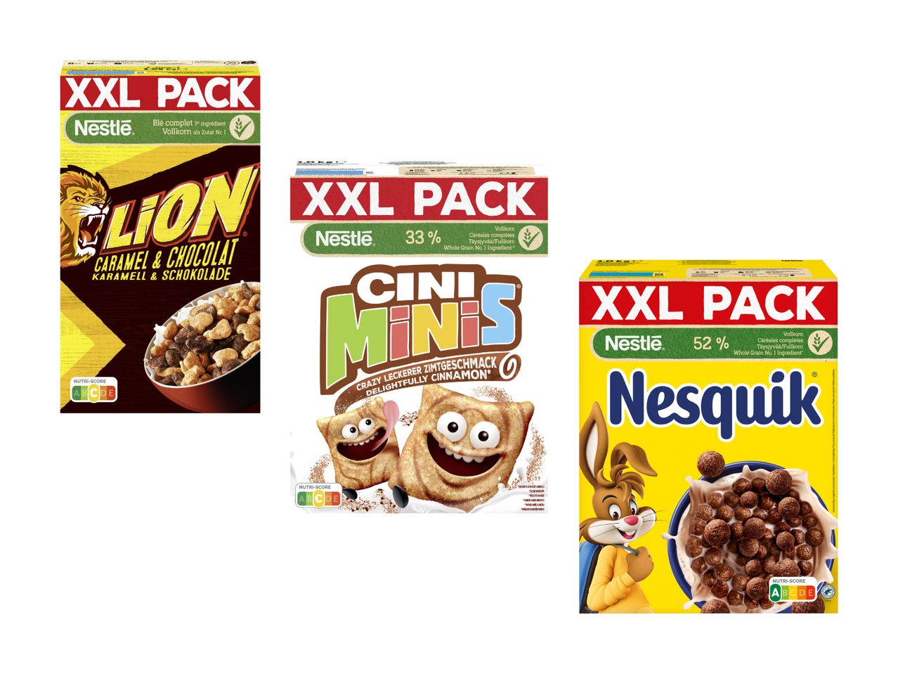 Boîtes de céréales Nestlé XXL : Lion Caramel & Chocolat, Cini Minis et Nesquik.
