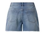Back view of light blue denim shorts with frayed hems and two back pockets.