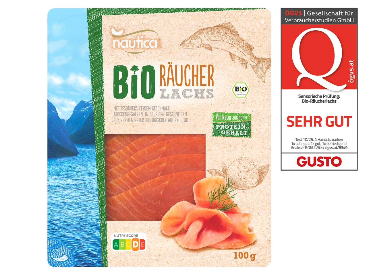 Nautica Bio Räucherlachs mit Nutri-Score A und Auszeichnung 'SEHR GUT' von ÖGVS