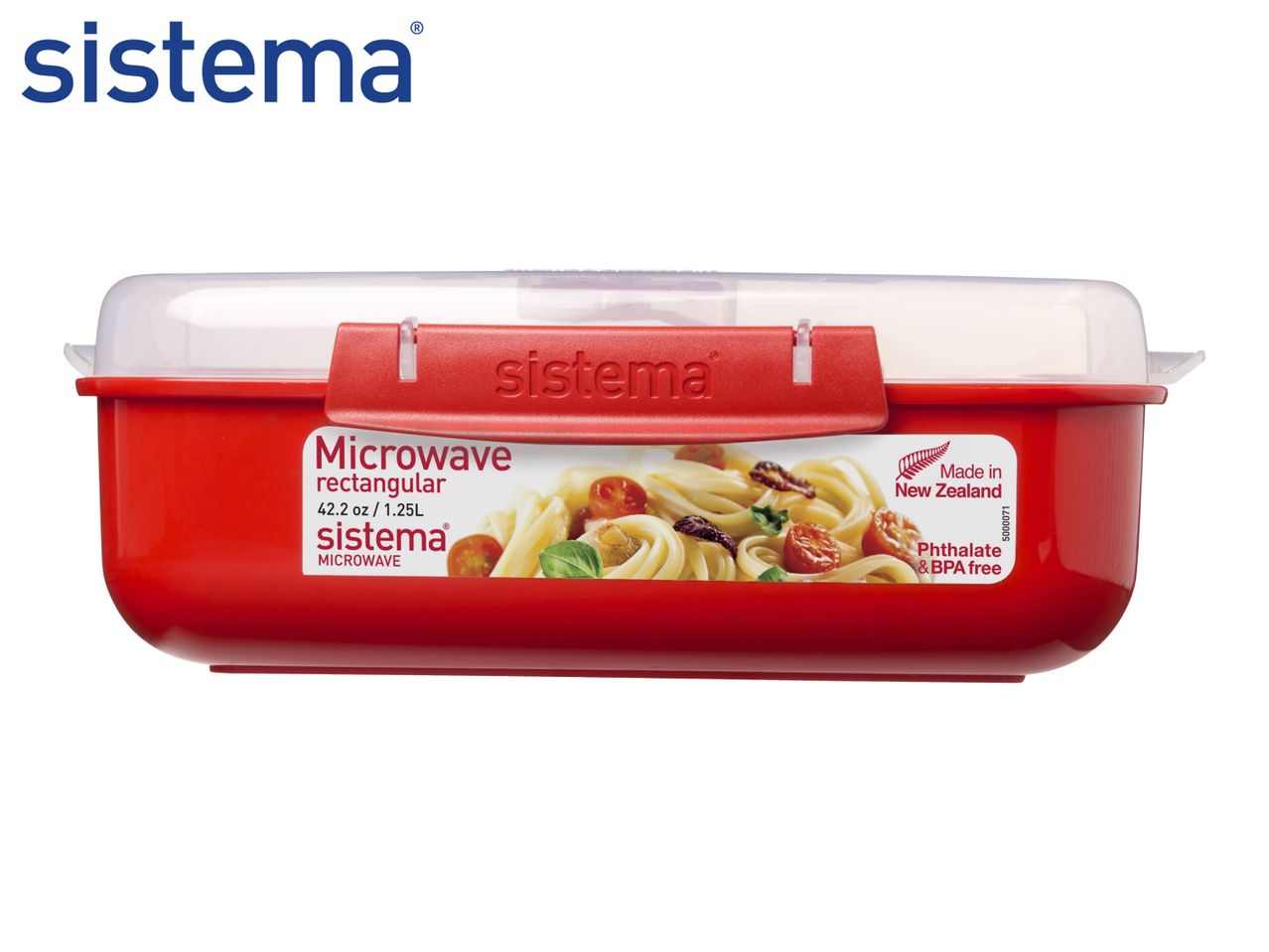 Red rectangular microwave container with a clear lid, featuring pasta with tomatoes and basil.