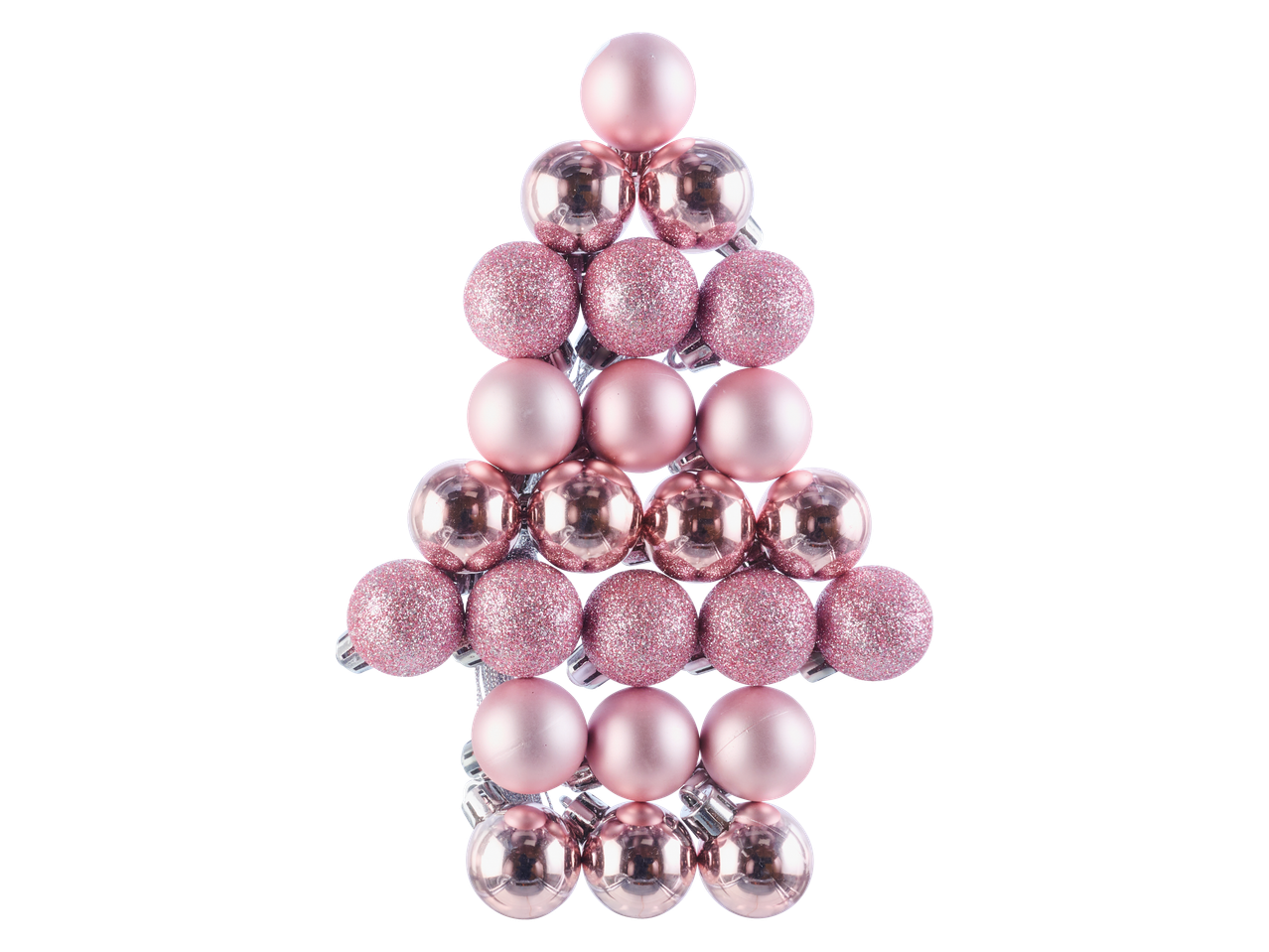 Livarno Home 24-osaline roosade jõulukuulide komplekt, mis on paigutatud kuusekujuliselt.