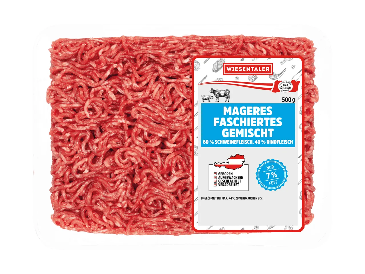 Mageres Faschiertes Gemischt mit 60% Schweinefleisch und 40% Rindfleisch, 500g Packung.