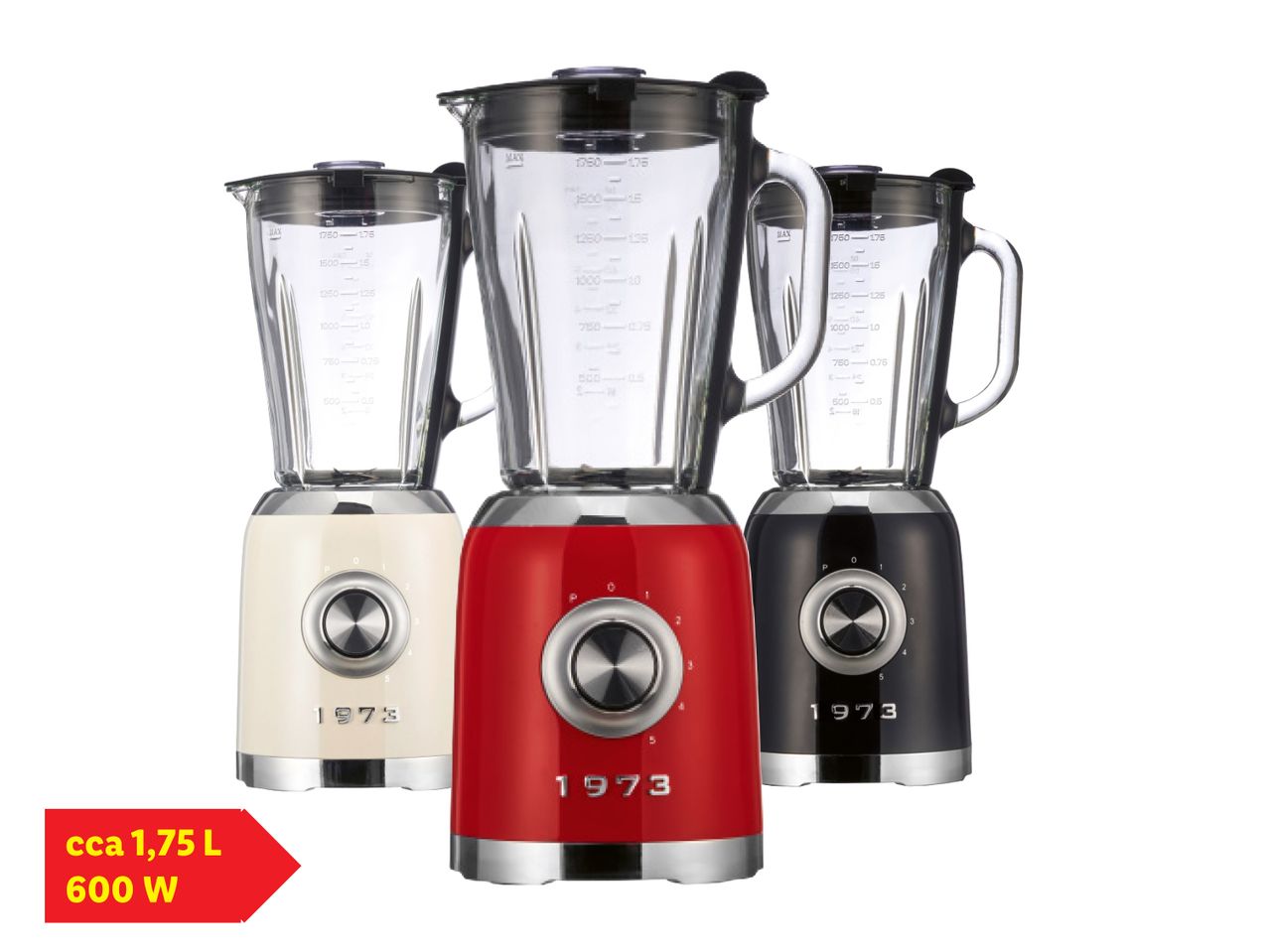 Tri retro blendera u bež, crvenoj i crnoj boji, kapaciteta 1,75 L i snage 600 W.