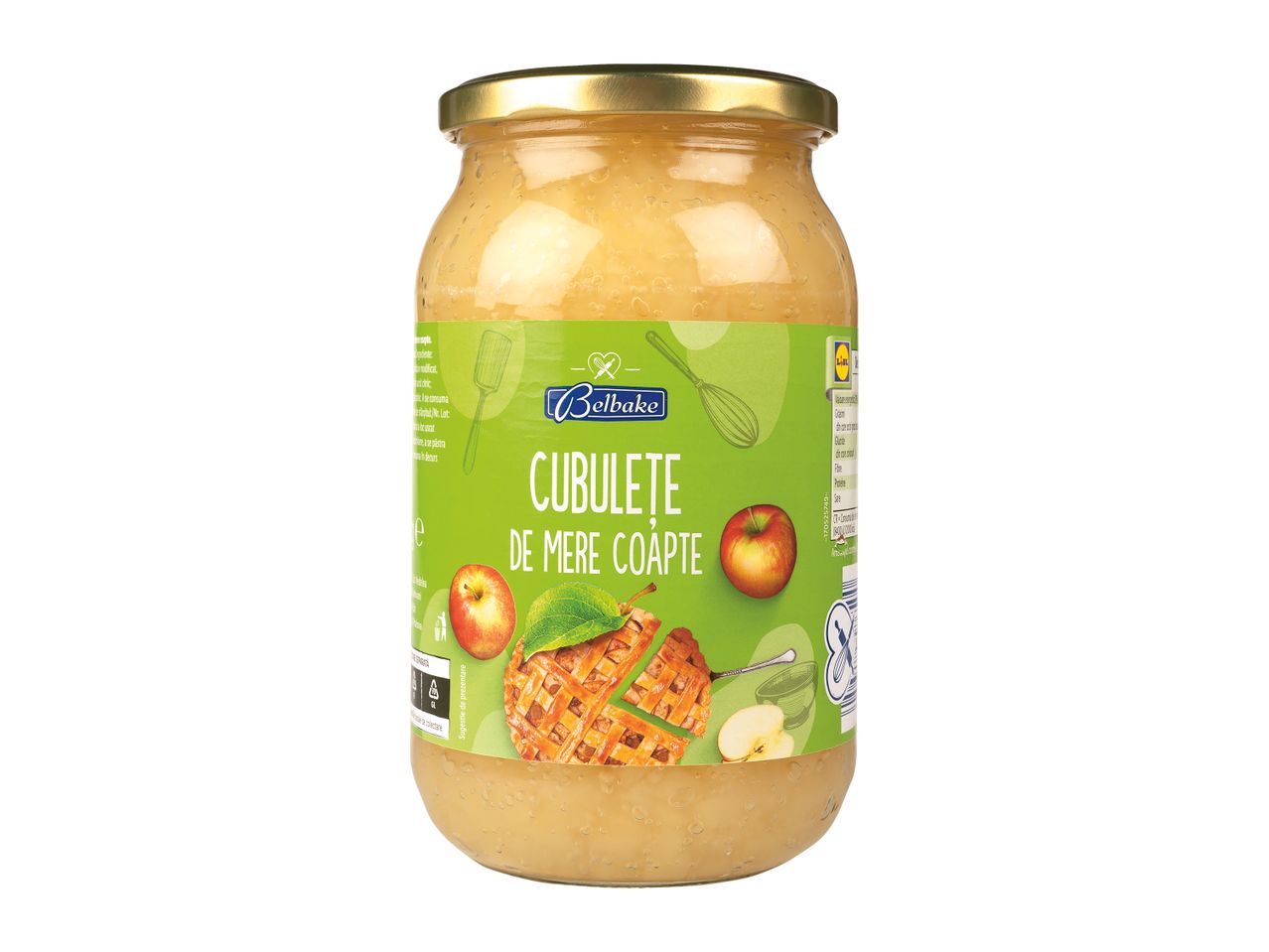 Borcan de cubulețe de mere coapte Belbake, ideal pentru deserturi.