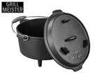 Black cast iron Dutch oven with a lid and a wire handle, featuring a textured surface.