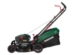 Parkside petrol lawnmower with a black and green body and red accents.