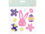 Easter gel window stickers: pink bunny, purple and pink flowers, and decorated eggs.