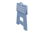 A folded blue plastic step stool with white polka dots on the top.