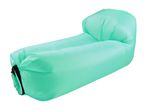 Mint green inflatable lounger with a black buckle closure, isolated on a white background.