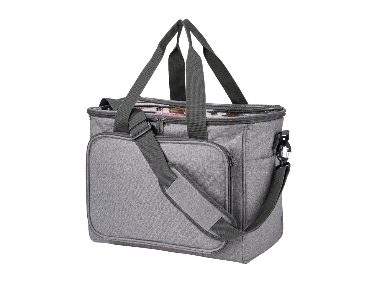 Gray fabric tote bag with multiple compartments and a shoulder strap.