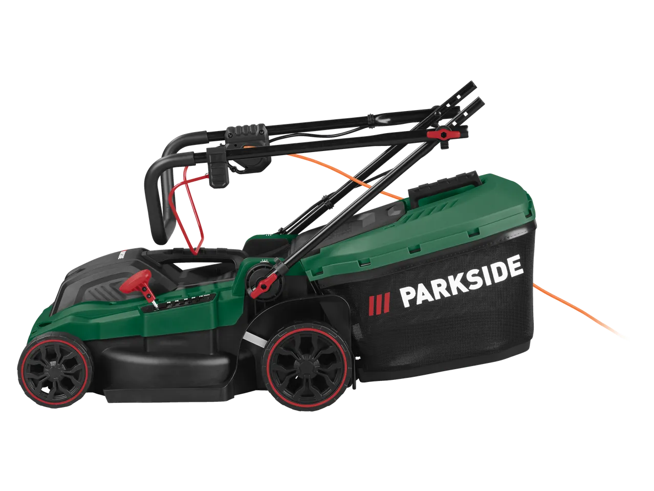 PARKSIDE® 1500W Electric Lawnmower, side view, green and black with red accents