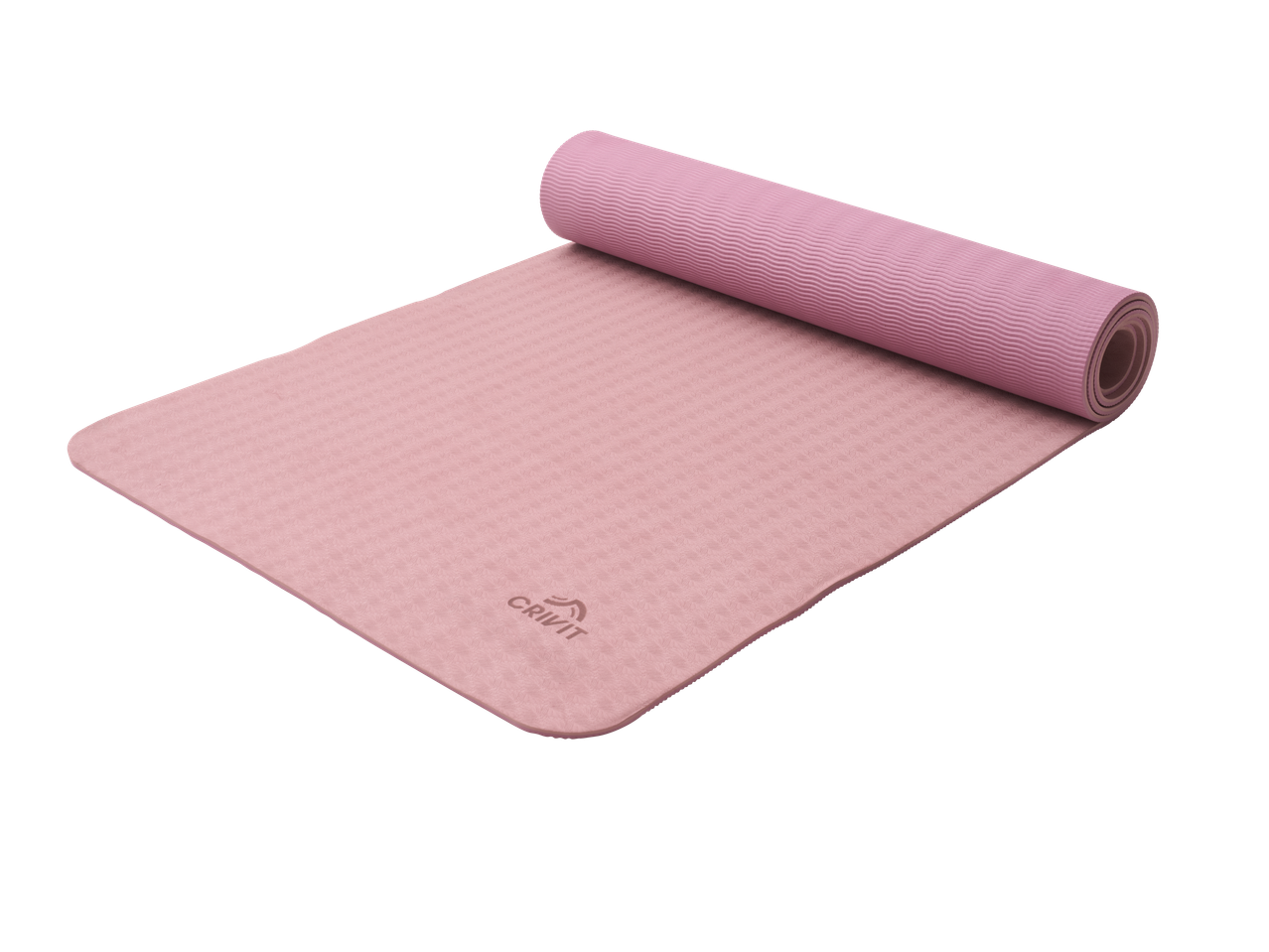 CRIVIT pink yoga mat, partially rolled up, showing textured surface.
