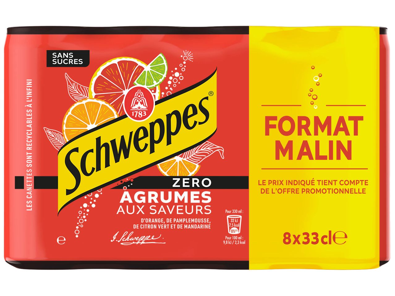 Boîte de 8 canettes de Schweppes Agrumes Zéro, format malin.