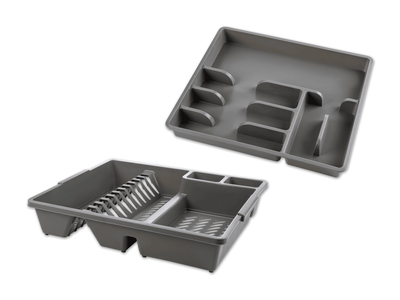 Zwei graue Plastik-Abtropfgestelle, eins mit Tellereinsatz und eins für Besteck.