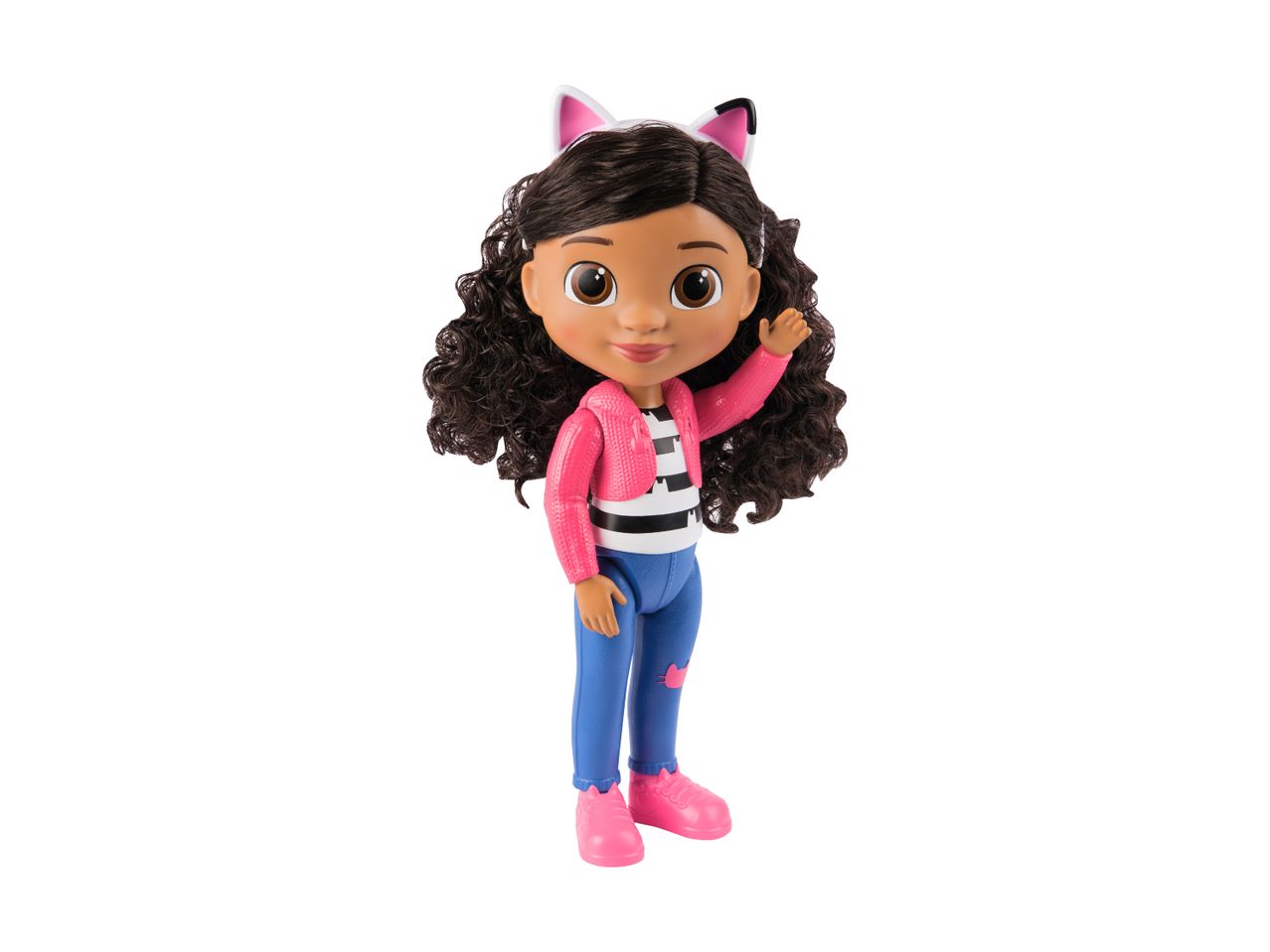 A doll with dark curly hair, wearing a pink jacket, striped shirt, blue pants, and cat ears.