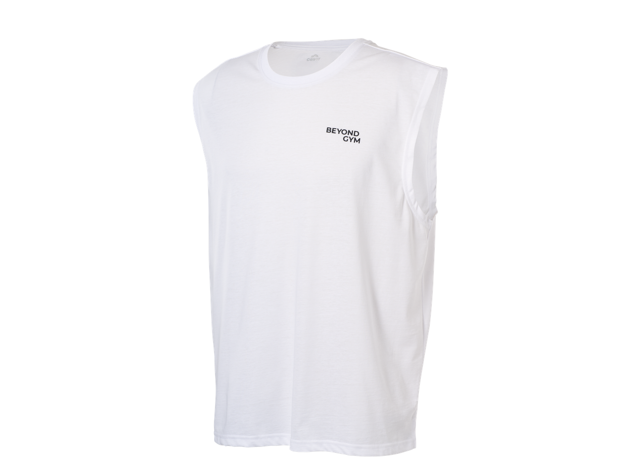 Balti CRIVIT marškinėliai be rankovių su užrašu „BEYOND GYM“.