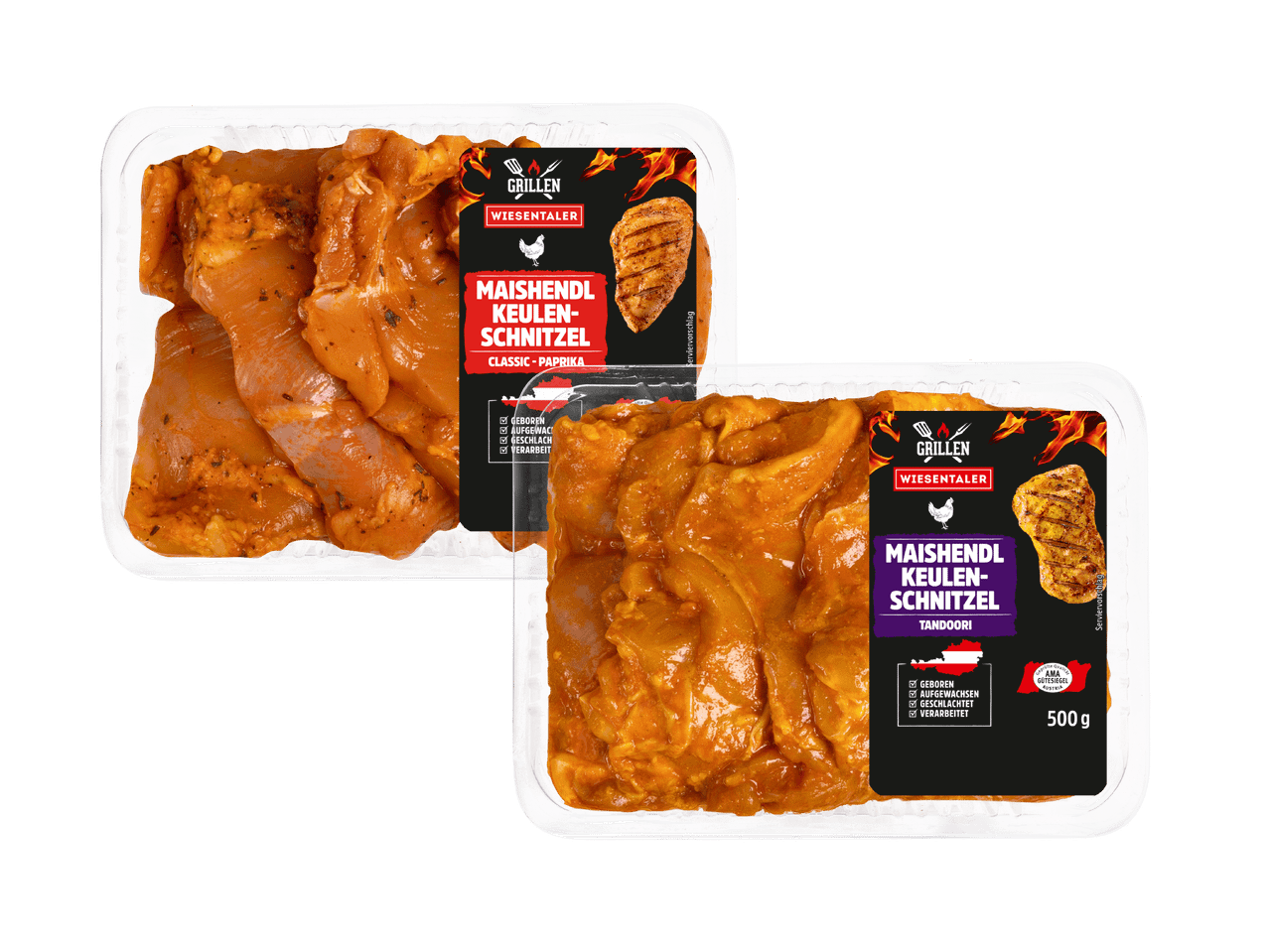 Zwei Packungen Wiesentaler Maishähnchen-Keulenschnitzel, Classic-Paprika und Tandoori, 500g.