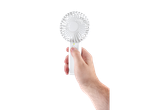 A hand holding a white handheld fan.