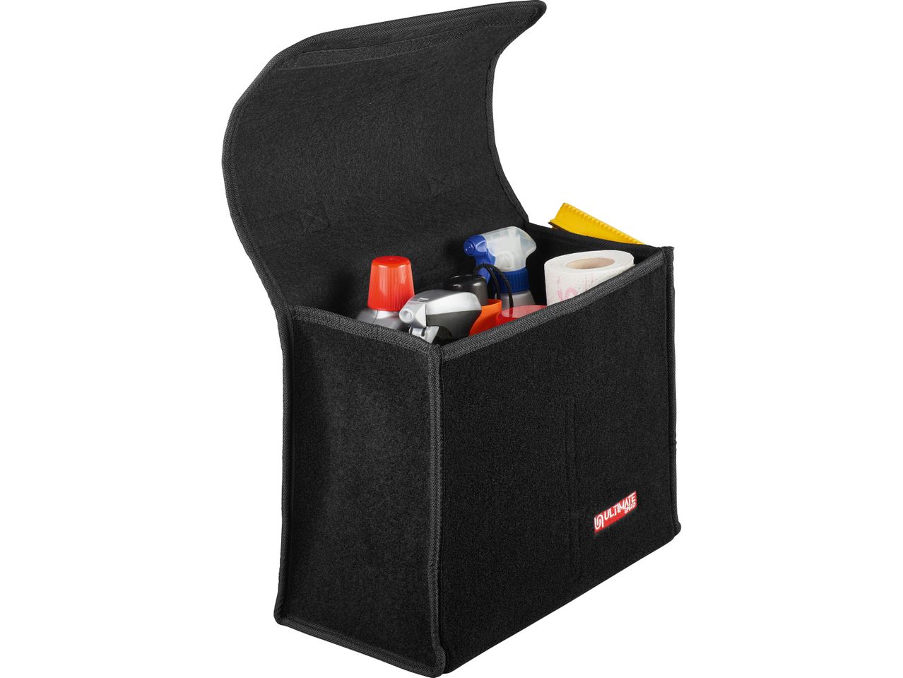 A black Car Boot Bag, holds various cleaning supplies.